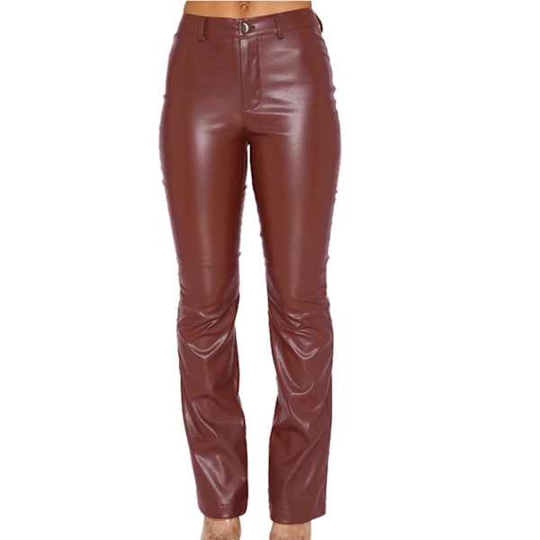 Dam Hög Elastisk PU Läderbyxa Raka Ben PU Läder Leggings Stretch Slim Fit Trendiga Långbyxor Mörkbrun L