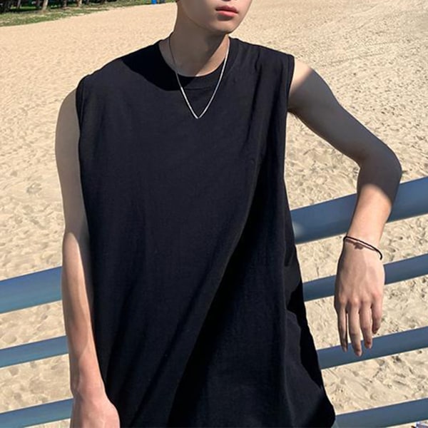 Miesten Tank Top - Yksivärinen Hihaton Paita Löysä Istuvuus Urheiluliivi Kotiharjoitteluun Musta L