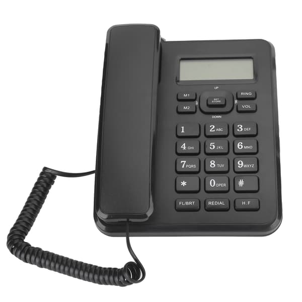 Kablet stasjonær veggtelefon, fasttelefon med nummerpresentasjon, nummer- og tidsvisning, samt ventefunksjon, kompakt design for