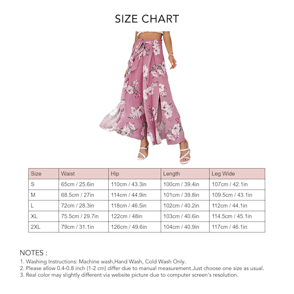 Naisten pitkät housut leveillä lahkeilla, korkea vyötärö, reisien halkeamat, solmuvyö, kesäiset rennot housut, vaaleanpunainen kukallinen kuosi, XXL