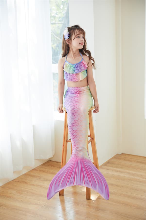Børnehavfrue Badedragt Performance Sæt (3-dele) - Regnbue, Størrelse XL XL