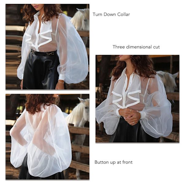 Kvinne Body Blouse Gjennomsiktig Nedfellbar Krage Lantern Ermer Casual Dame En-delt Skjorte for Fest Hvit M
