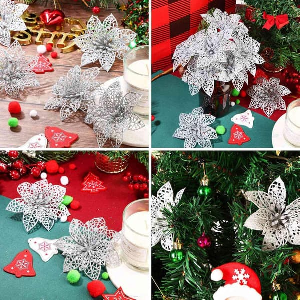 24 st Glitter Julstjärna Julgransprydnad Julblomma Dekor Prydnad Silber