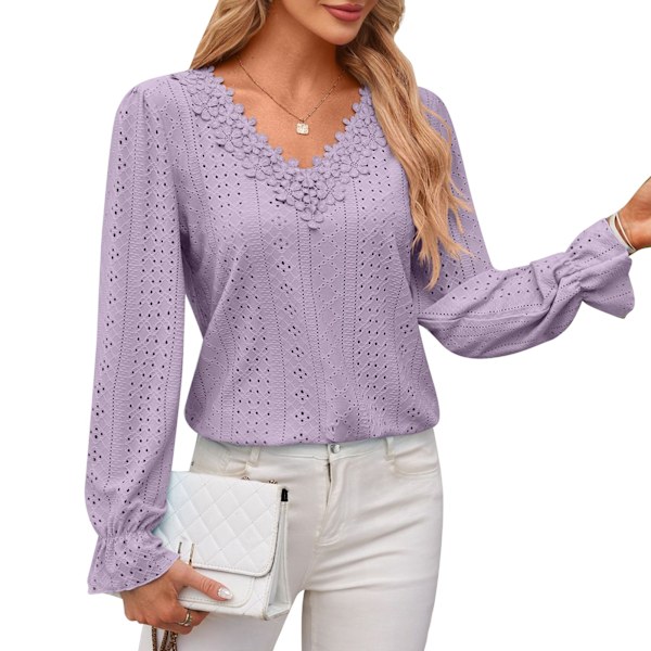 Spets V-ringning Blus Casual Figursydd Enfärgad Utskuren V-ringning Spets Långärmad Blus för Kvinnor Lila XL