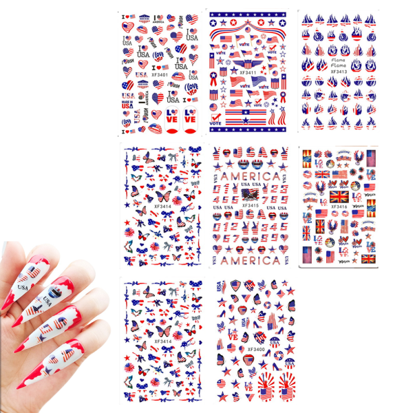 4 juli Nail Art Stickers, självhäftande flagga Nail Art