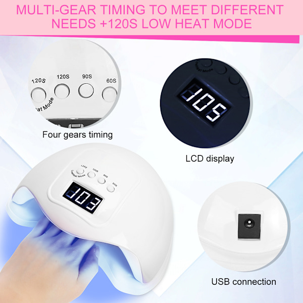 48W Intelligent Timing LED UV Gel Nagellackstorkare Lampa Hushåll Nageltorkningsmaskin Vit