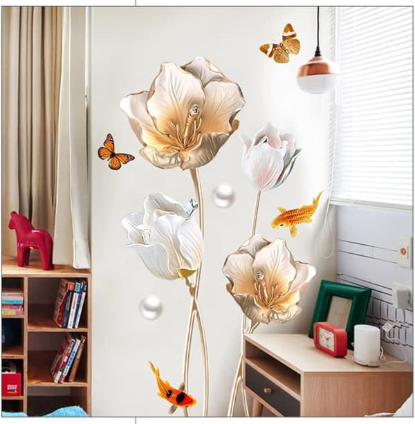 Gyllene Tulpan Fjärilar Väggdekal Blomväggdekaler För Sovrum