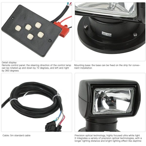 Fjernstyrt Søkelys 100W 8.3A 360 Graders Rotasjon Vanntett Spotlight Universal Passform for Båt Yacht Truck Bil DC12V