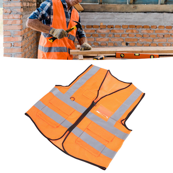 Reflekterande arbetsväst med flera fickor, meshdesign, hög synlighet, ventilerande säkerhetsväst med reflexband