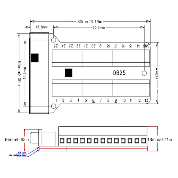 25-polig Terminalblockanslutning Signalmodul Nitartyp PCB-kort för kommunikationsfelsökning DB25-M2