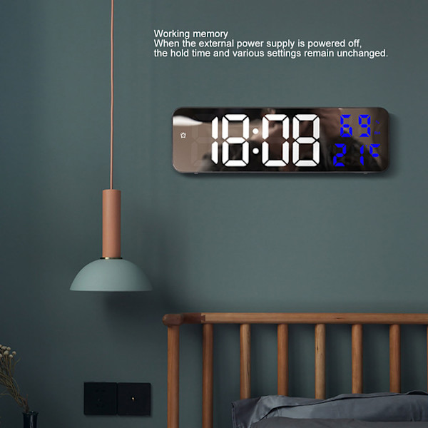 LED 9,1 tommers speilklokke Multifunksjonell digital alarmklokke med dato, fuktighet for soverom, stue, kontor