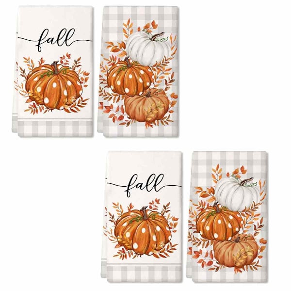Oransje Buffalo Plaid Polka Dot HØST Kjøkkenhåndklær Oppvaskhåndklær, Farmhouse Eucalyptus Blader Dekor Håndklær Sett med 4 Style 1