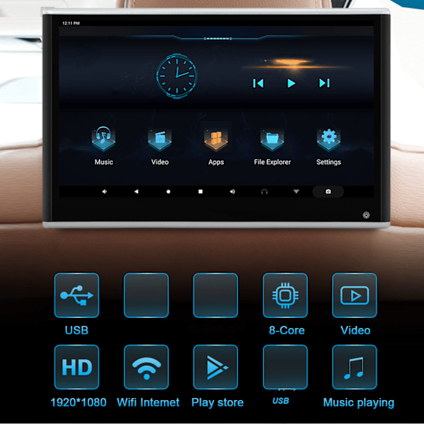 Bilsædehovedgærdemonitor 13,3 Touchscreen til Android 9.0 4GB RAM 64GB ROM 1920 X 1080 4K 1080P Video med LED-Stemningslys