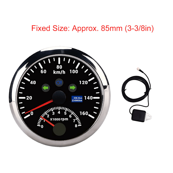 85mm 160 km/t GPS Speedometer 0‑8000 o/min Turteller Måler LCD Rød Baggrundsbelysning til Bil Båd Yacht RV Lastbil Sort