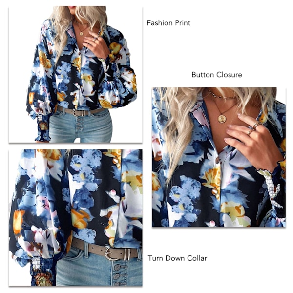 Dam Shirred Tryckt Blus Lykta Ärm Tryckt Skjorta Nedvikt Krage Knappstängning Långärmad Mode Casual Blus Svart S