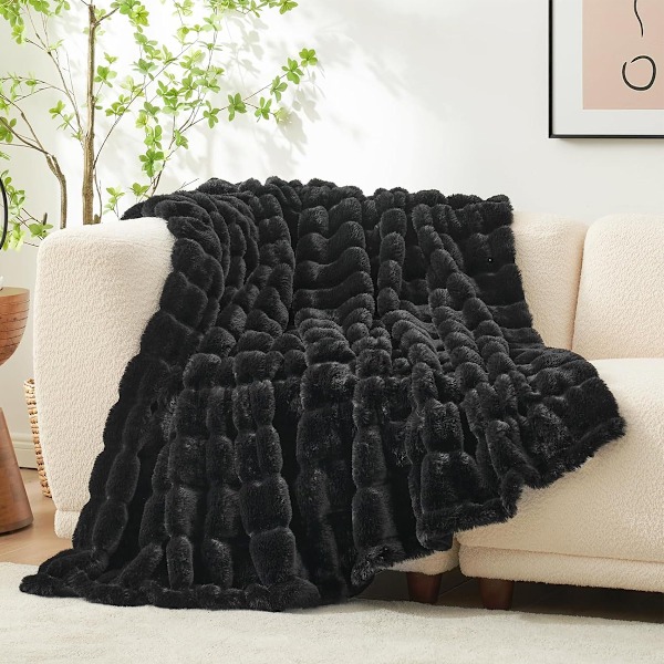 Mysig Lyxig Konstgjord Pälsfilt för Soffa, Mjuk och Plush Tjock Vinterfilt för Soffa Sovrum Vardagsrum, 50 * 60 Tum black