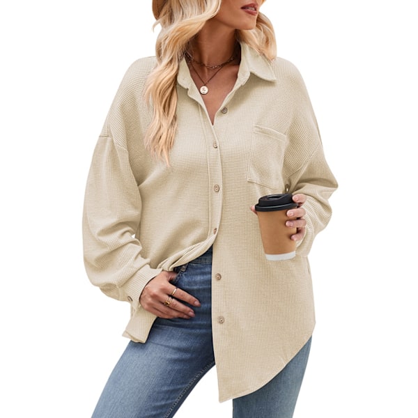 Dam Lång Knäppskjorta Casual Figursydd Långärmad Ficka Fram Lång T-shirt Beige L