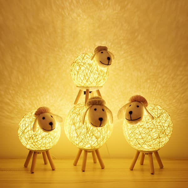 Varmhvit LED Rattan Sauelampe, Håndvevd Stueinnredning med Solid Trebase