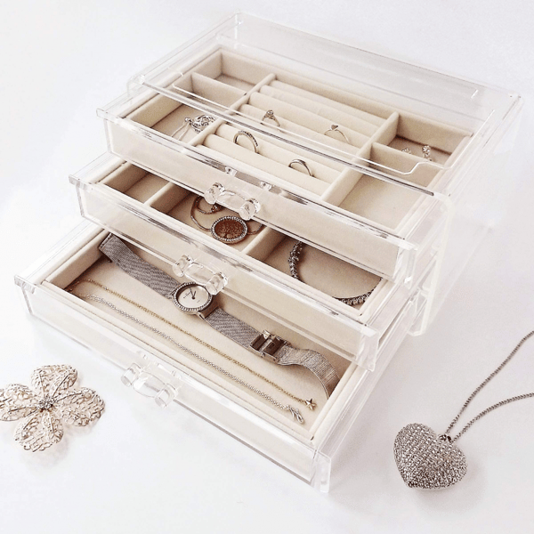 Smyckesorganisatör med sammetsfoder och akrylram, transparent design, mjukt sammetsfoder, förstklassigt skydd, mångsidig förvaring, elegant örhänge