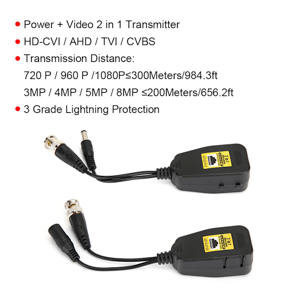 Par 8MP HD-CVI / AHD / TVI / CVBS Transceiver Ström + Video Sändar Balun