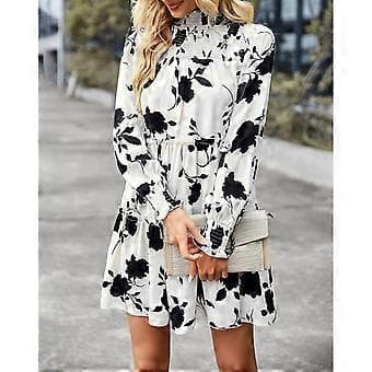 Dam Långärmad Klänning Elastisk Rynkad Klänning Blommig Tryck Volang Mock Neck Midi Klänning