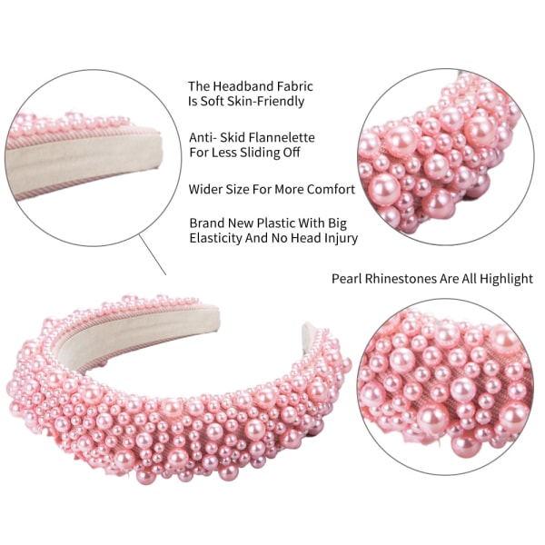 White Pearl Pannband Svart Vadderat Pannband Rhinestones Beading pink