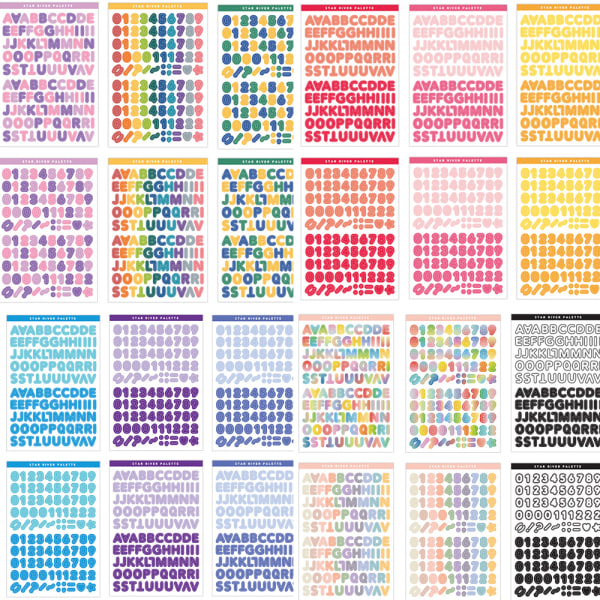 24 ark av olika färger bokstavs- och digitala klistermärken
