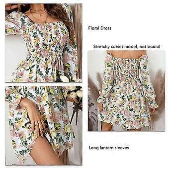 Blommig Rynkad Off Shoulder Klänning Trendig Elastisk Stretchig Elegant Klänning för Kvinnor