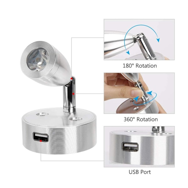 RV Leselys USB-lading Berøringskontroll Aluminiumslegering Krombelagt DC12 til 24V for Bobil Trailer Båt
