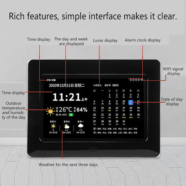 7 Tums Svart Ljusstark Väckarklocka WIFI Synkroniserad Uppdatering Med Fjärrkontroll Och Väderprognosfunktion Digital Dagklocka För Äldre US