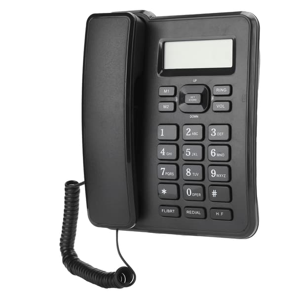 Kablet stasjonær veggtelefon, fasttelefon med nummerpresentasjon, nummer- og tidsvisning, samt ventefunksjon, kompakt design for