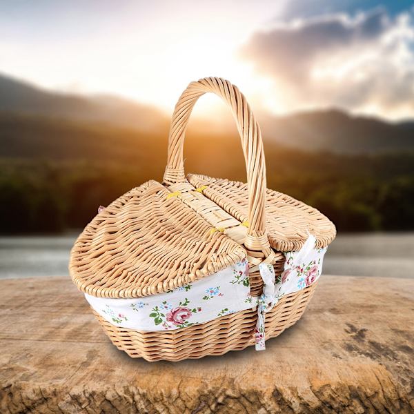 Vävda Camping Picknickkorg Shopping Förvaringskorg med Lock och Handtag Träfärg