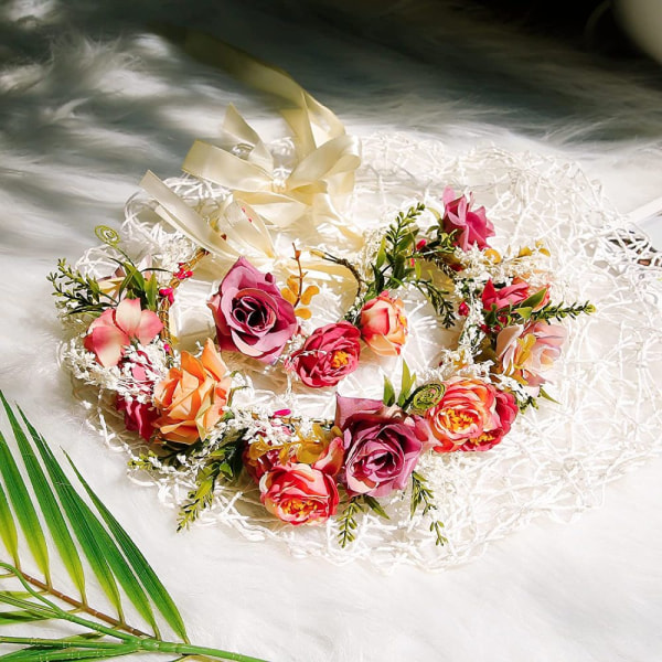 Blomkrans blomkrona pannband, rosenbröllopshåraccessoarer med set, GuKKK blomma pannband justerbart bälte, hårband blommigt
