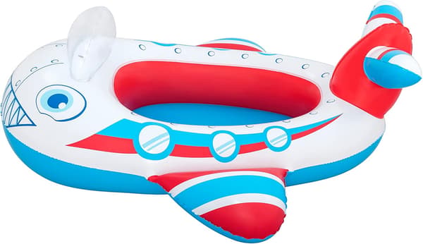 Oppustelige pools og poollegetøj til børn i alderen 3 til 10 år, samt legetøjsfly og både perfekte til sommerens strandture og poolfester
