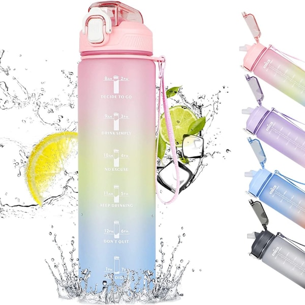 Tålig Vattenflaska i Tritan-material, Sportläckagesäker 1L-kanna med Motiverande Tidsmarkering & BPA-fritt Lock, Praktiskt Silikonstrå för Enkel Användning