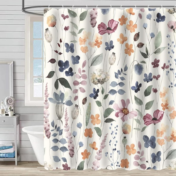 Farverigt Blomster Bruseforhæng, Sød Boho Blomst Stof Bruseforhæng, Funky Vandfarve Vildblomst Trendy Bruseforhæng Sæt, Bohemian Badeværelse Style 2