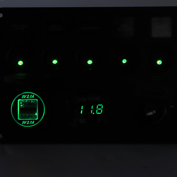 5 Gang LED Toggle Switch Panel med Digital Voltmeter Universal til RV Bil Motorbåd Grøn