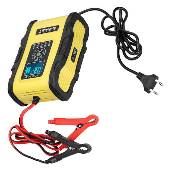 Intelligent Batterilader 12V/12A 24V/6A 7-trins Opladningspuls Reparation til Bil Båd Gul Sort EU Stik 100‑240V