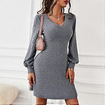 V-ringad Stickad Långärmad Klänning Trendig Elegant Klassisk Midja Slim Fit Dam Tröjklänning för Höst Vinter