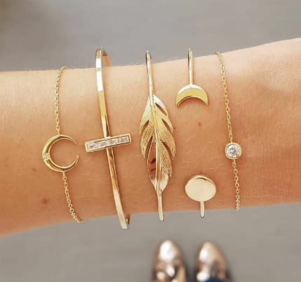 Boho Set med 5 guldändade öppna lövmåne-armband för kvinnor