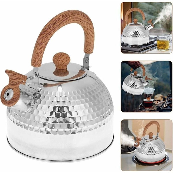 Elegant vattenkokare i rostfritt stål, Högt visslande ljud, Värmeisolerat handtag, Snabb värmehållning för induktions- och gasspisar (2 L)