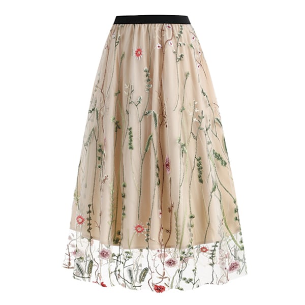 Blommig broderad kjol för kvinnor, elastisk midja, elegant spets, kjol i flera lager av tyll för fester, Aprikos XL