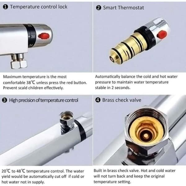 Chromé Dusjbatteri, Intelligent Termostat Med Stabil Ytelse For Hjem Hotell Bad, Solid Messingkonstruksjon Rask Respons