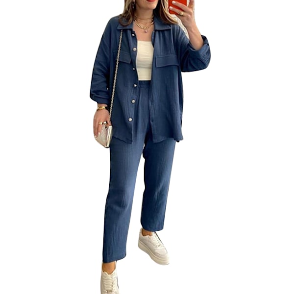 Dam Outfit Set Knäppning Upptill Elastisk Midja Lös Passform Enfärgad Loungewear Set Blå 2XL
