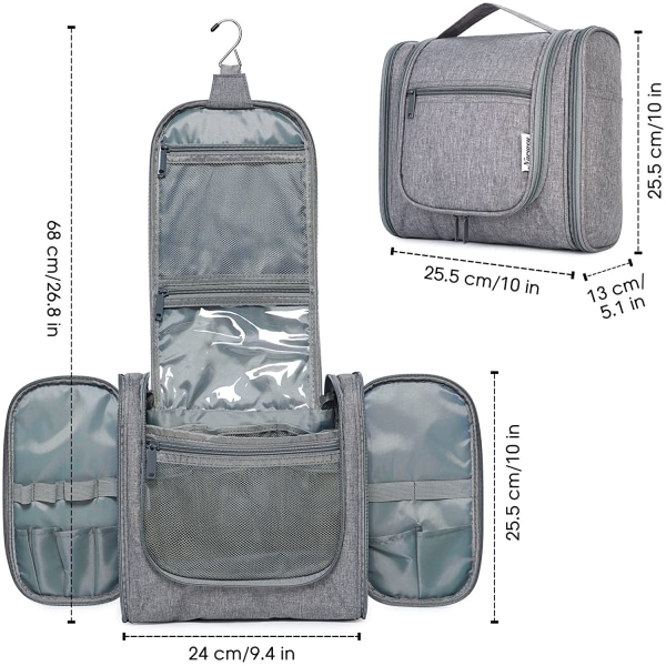 Travel toiletry bag for hanging, A Grey (Large)