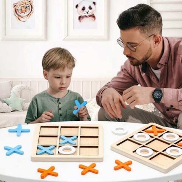 Strategiskt Xo-pussel i trä, Tic Tac Toe-spel i trä förbättrar den logiska utvecklingen för barn, snabbtänkande utmaning för inomhus- och utomhuslek (14X14Cm)