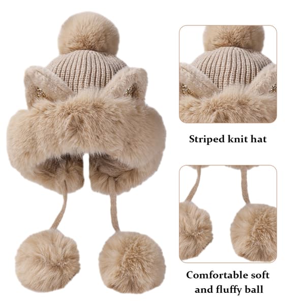 Vintermössa söt stickad mössa rysk pälsvirkad mössa slokig mössa med pompom varm fluffig snömössa trappermössa för kvinnor