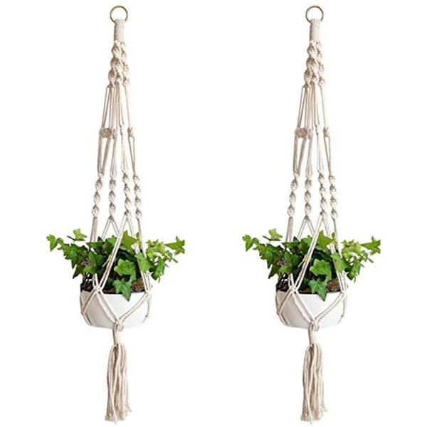 Miljövänlig Makramé Växtupphängningsset, 2-pack Inomhus Utomhus Vintage Design, Flamskyddad Naturlig Bomullsrep för Bohemisk Heminredning