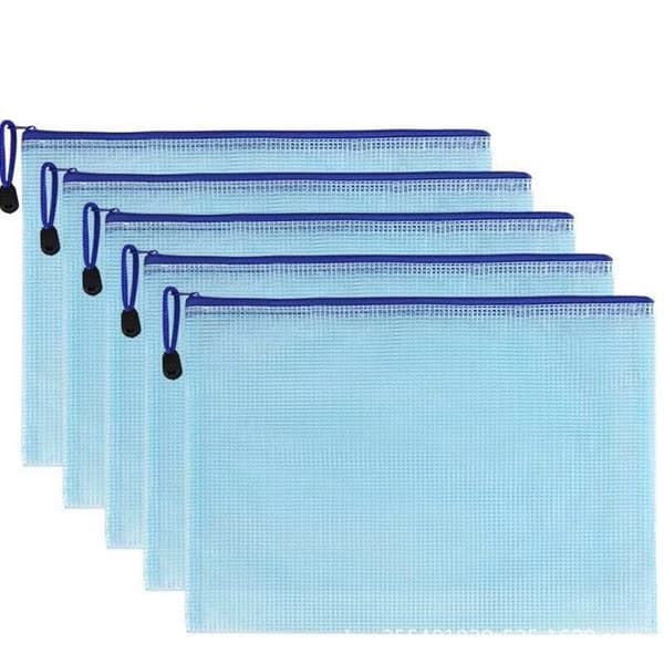 5 hvite A4 plastmapper med glidelås, PVC M