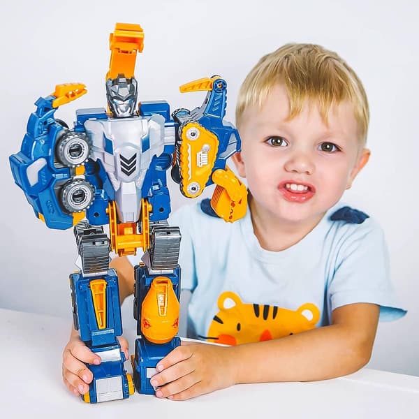 Transformerende Robotter til Børn 3-7, Magnetisk Legetøjssæt Inklusive Bulldozer og Gravemaskine, der Transformerer til Dinosaur eller Robot, Nem Snap Samling